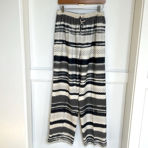 St John Sport Pants Womens Size Large Ivory Blue Striped Polka Dot Linen Pull On - Picture 1 of 11